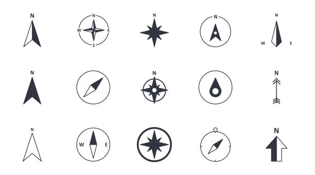 Vector compass icons. North south west and east. Wind rose icon, north arrow. Black and white symbols. Editable stroke Vector compass icons. North south west and east. Wind rose icon, north arrow. Black and white symbols. Editable stroke. globe navigational equipment stock illustrations