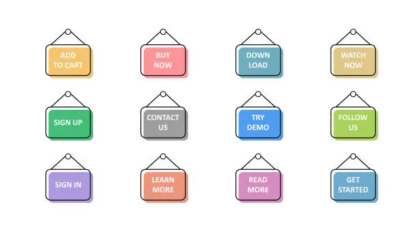 Vector illustration of Vector call to action buttons. Read more learn more contact us follow us download. Try demo sign in sign up buy now. Add to cart get started watch now. Multicolored marks editable stroke