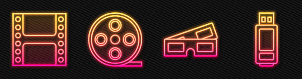 ilustrações de stock, clip art, desenhos animados e ícones de set line 3d cinema glasses, play video, film reel and usb flash drive. glowing neon icon. vector - rolling up flash