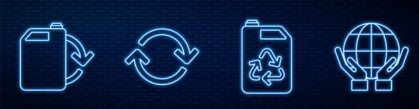 Set line Eco fuel canister, Eco fuel canister, Refresh and Hands holding Earth globe. Glowing neon icon on brick wall. Vector Set line Eco fuel canister, Eco fuel canister, Refresh and Hands holding Earth globe. Glowing neon icon on brick wall. Vector gas pump hand stock illustrations