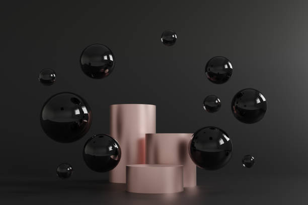 Abstract minimal scene with geometrical forms. Black friday sale. Cylinder podiums rose gold on black background. Scene to show cosmetic podructs. Showcase, display case. 3d render stock photo