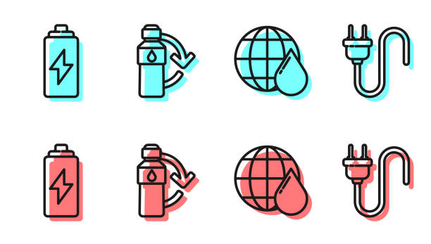 Set line Earth planet in water drop, Battery, Recycling plastic bottle and Electric plug icon. Vector Set line Earth planet in water drop, Battery, Recycling plastic bottle and Electric plug icon. Vector electrical outlet illustrations stock illustrations