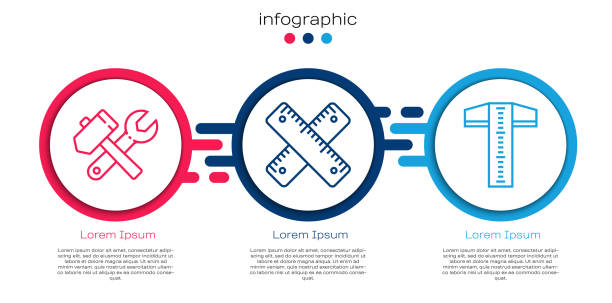 ilustrações de stock, clip art, desenhos animados e ícones de set line hammer and wrench spanner, crossed ruler and t-square line. business infographic template. vector - letter t