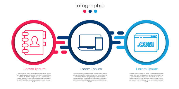 ilustraciones, imágenes clip art, dibujos animados e iconos de stock de establezca la línea libreta de direcciones, monitor y teléfono y plantilla de sitio web. plantilla infográfica de negocio. vector - infografías médicas