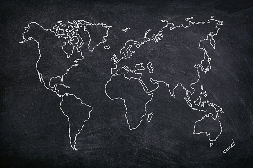 World map draw contour on black chalkboard