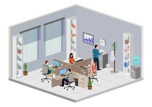 Office workers with facemask Isometric Perspective