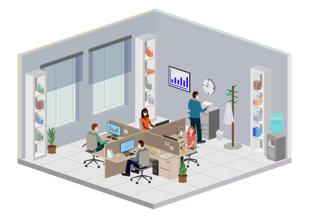 Office workers with facemask Isometric Perspective Office Interior Isometric Perspective Vector Illustration. Office workers with facemask sitting in cubicle working with computer. corporate office cubicle stock illustrations