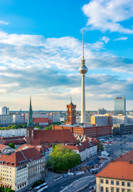 istock Television tower and Red Town Hall (Rotes Rathaus) on Alexanderplatz square at sunset, Berlin, Germany 1272860853