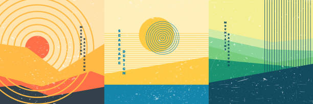 illustrations, cliparts, dessins animés et icônes de illustration vectorielle. graphique moderne du milieu du siècle. 70s rétro funky graphique. texture grunge. ensemble de paysages minimalistes. formes abstraites. éléments de conception pour les médias sociaux, blog, bannière, carte - technique grunge du papier froissé illustrations
