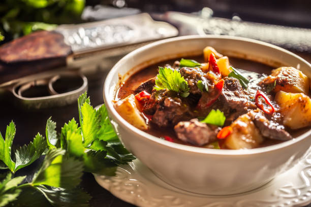 deer stew in a bowl hunting weapon as a decoration. - venison imagens e fotografias de stock