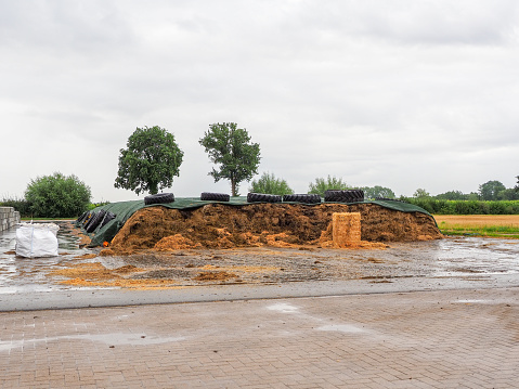 on a large area is a large pile of silage under a green tarpaulin