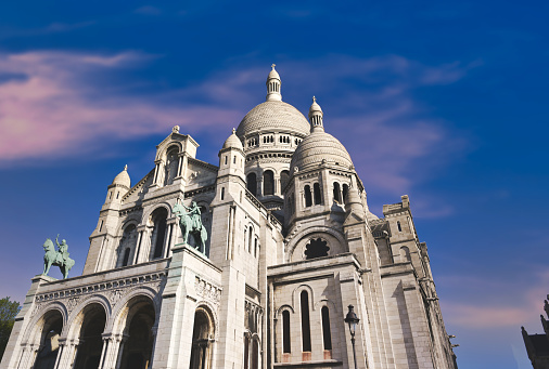 The Basilica of the Sacred Heart of Paris, commonly known as Sacré-Coeur Basilica, located in the Montmartre district of Paris, France.