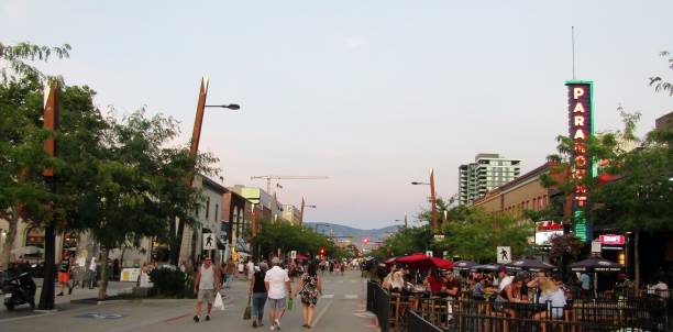 Kelowna, British Columbia, Canada - September 5, 2020: Closed to vehicles Bernard Avenue in downtown Kelowna.