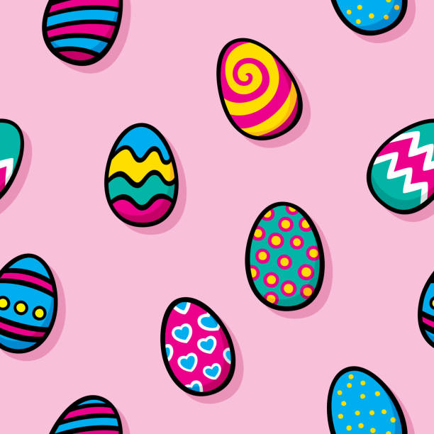 Easter Egg Doodles Pattern Vector illustration of multi-colored easter eggs in a repeating pattern against a pink background. easter drawings stock illustrations