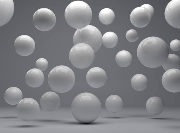 Abstract image of white balls and spheres falling and flying over white background