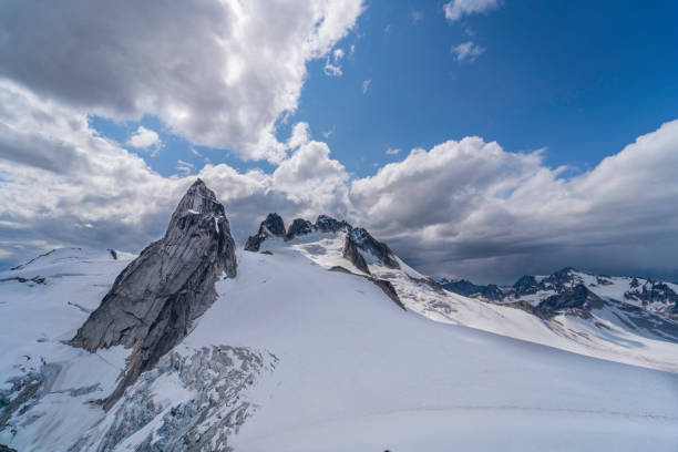 Bugaboos national park mountain range on cloudy day with beautiful snow cover and glacier view in British Columbia, Canada