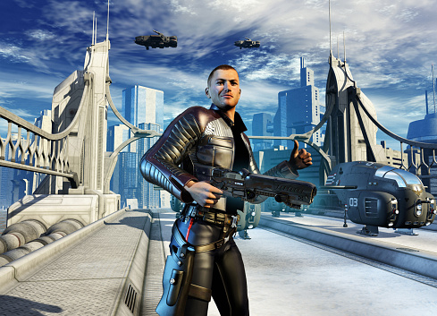 Futuristic soldier in a space base, armed with rifle, spaceships Flying in sky, 3d illustration