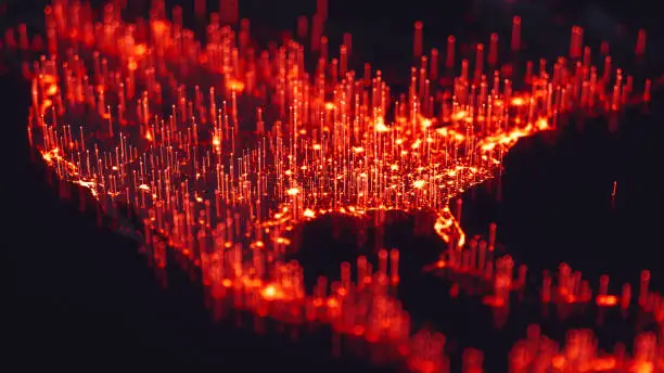 Abstract North America view from space with red fiber optic cables rising from major cities.
(World Map Courtesy of NASA: https://visibleearth.nasa.gov/view.php?id=55167)