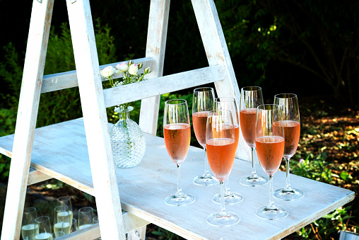 Champagne glasses for reception on an extraordinary table. Champagne reception for guests