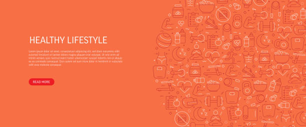 Healthy Lifestyle Related Banner Design with Pattern. Modern Line Style Icons Vector Illustration