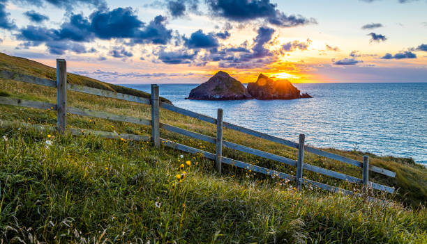 Gull rocks at sunset in Hollywell Bay in Cornwall, UK