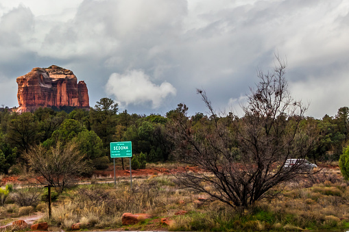 This is a high angle photograph of a residential neighborhood in the town of Sedona, Arizona in spring time.