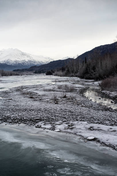Winter scene in Alaska with  broad river with flowing water
