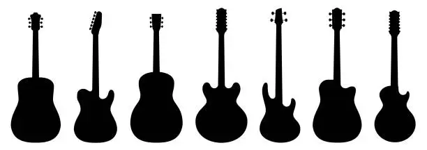 Vector illustration of Guitar silhouettes set.Acoustic and heavy rock electric guitars musical instruments. Simple set of electric guitar vector icons for web design. Music symbols collection.Vector ilustration
