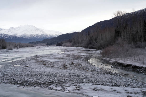 istock Winter scene in Alaska with  broad river with flowing water 1272889647