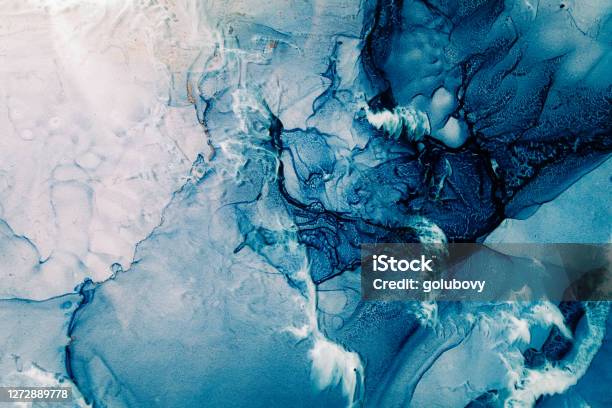 Blue Acrylic Ink Marble Texture Frozen Water White Stock Photo - Download Image Now - Abstract, Water, Blue