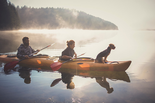 Young couple and their dog are kayaking at sunrise