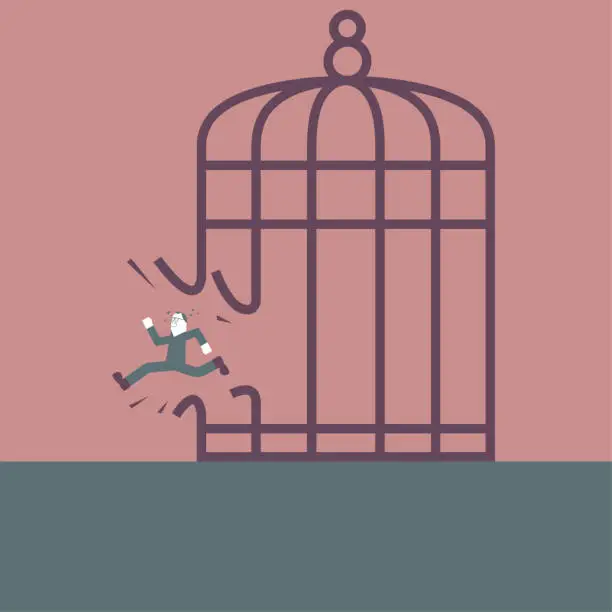 Vector illustration of A man escaped from the birdcage.