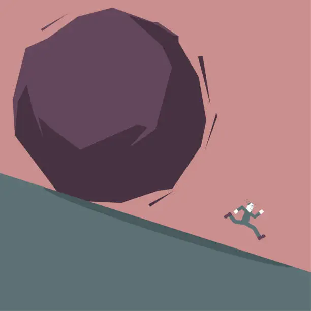 Vector illustration of A man ran away under the huge rolling rock.