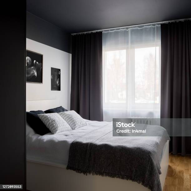 Small Bedroom With Black Ceiling Stock Photo - Download Image Now - Dark, Bedroom, Wall - Building Feature