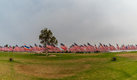 Malibu, California , USA - September 9th 2020: Flags at the 9/11 Memorial at the Pepperdine University campus
