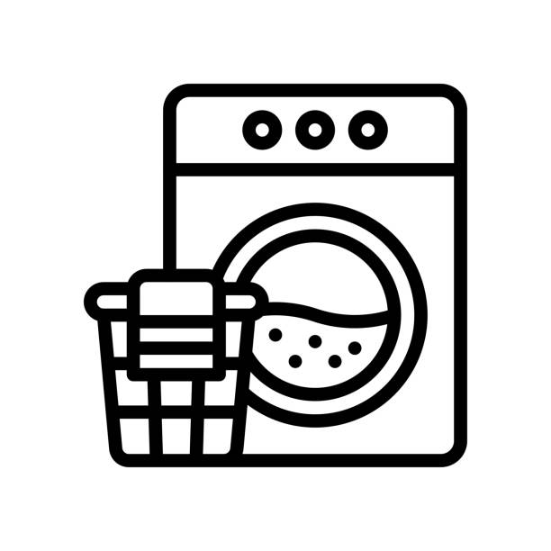 천과 바구니 벡터가 있는 자유 시간 관련 세탁기는 라인 스타일로, - washing machine stock illustrations
