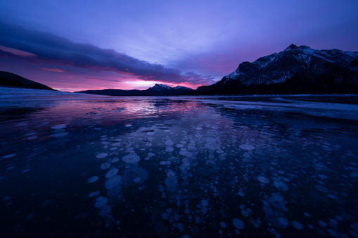 Abraham Lake in sunrise in winter, AB, Canada.