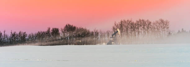 prateria mattina inverno - oil pump oil industry prairie field foto e immagini stock