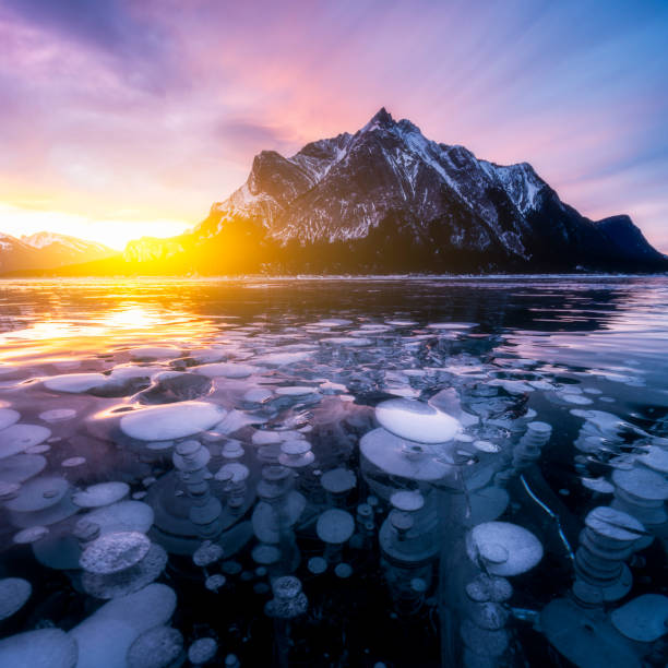 Abraham Lake in sunrise in winter, AB, Canada.