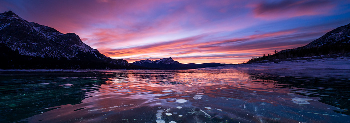 Abraham Lake in sunrise in winter, AB, Canada.