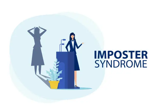 Vector illustration of Imposter syndrome.woman standing for her present profile with fear shadow behind. Anxiety and lack of self confidence at work ,the person fakes is someone else concept