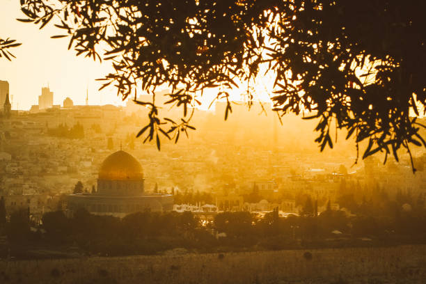 dome of the rock with olive trees and the walls of jerusalem, al aqsa, palestine. landscape view at sunset - temple mound imagens e fotografias de stock