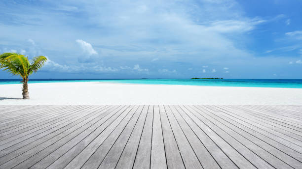 istock Empty wooden terrace on the tropical beach 1272904565