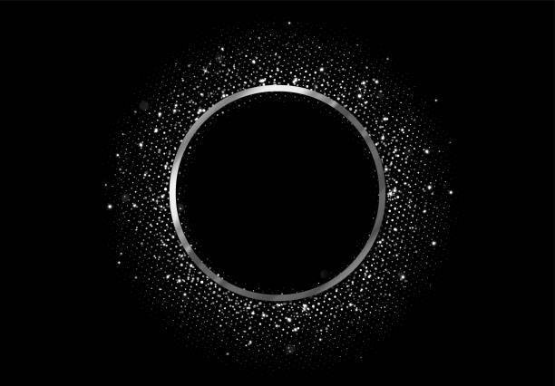 istock Round Frame with silver glitter by border. Realistic Holiday decoration. Black background. Vector illustration 1272905316