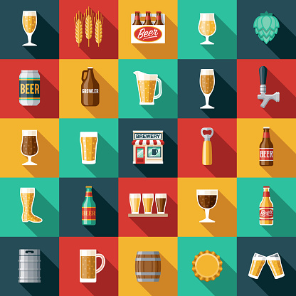 A set of flat design brewery icons. File is built in the CMYK color space for optimal printing. Color swatches are global so it’s easy to edit and change the colors.