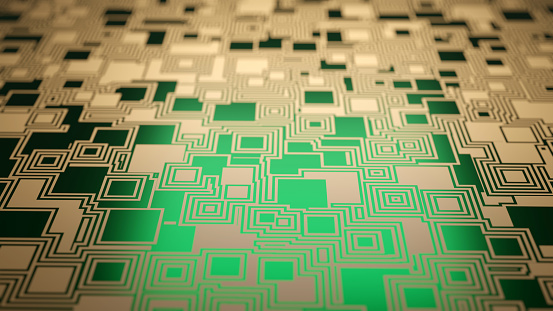 Emerald and gold reflection on a mainboard (3D Rendering)