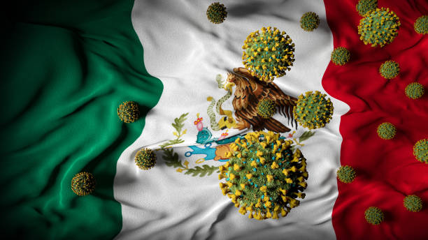 covid-19 coronavirus molecules on mexican flag - health crisis with rise in covid cases - mexico virus pandemic casualties abstract background - 3d illustration - mexican flag mexico flag digitally generated image imagens e fotografias de stock