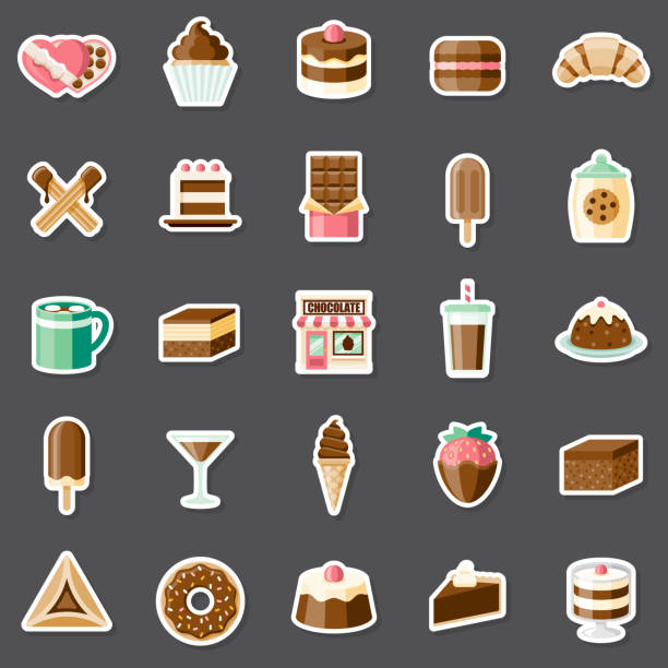 schokolade shop aufkleber set - macaroon french cuisine cake cookie stock-grafiken, -clipart, -cartoons und -symbole