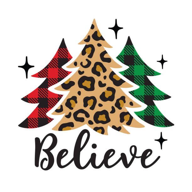 Christmas Trees with Leopard Print and Buffalo Plaid Patterns Vector illustration of Christmas trees with leopard print and buffalo plaid patterns. buffalo check stock illustrations