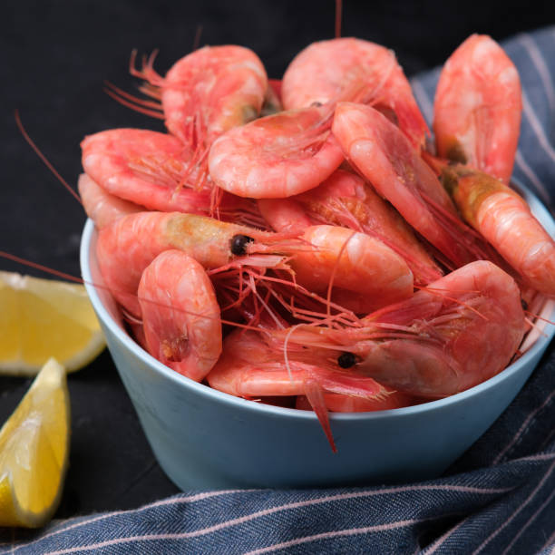istock Northern shrimp in a plate with lemon. 1272906484